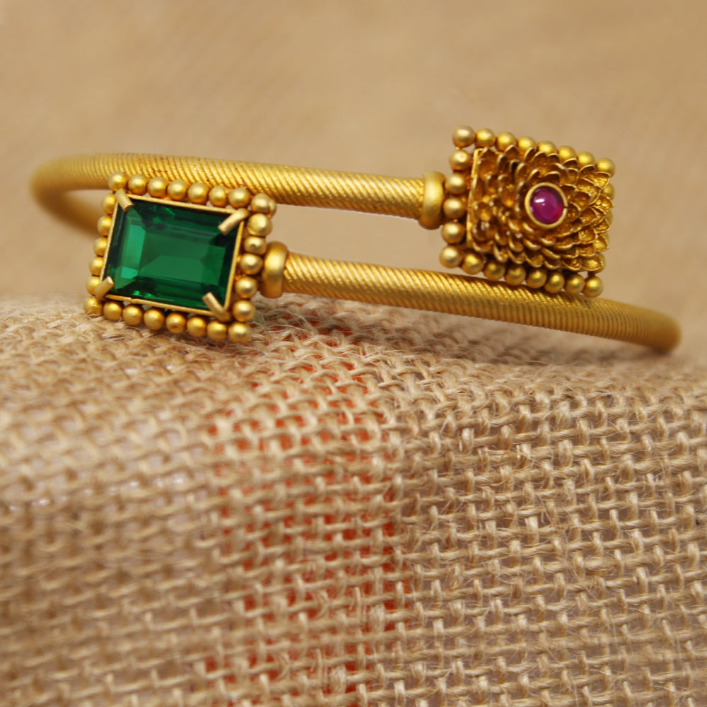 Square Bangle With Green Stone