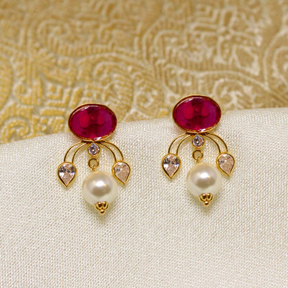 Red Stone Pearl Hanging Earring