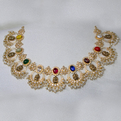 Multicolor Stone And Hanging Pearl Lakshmi Necklace