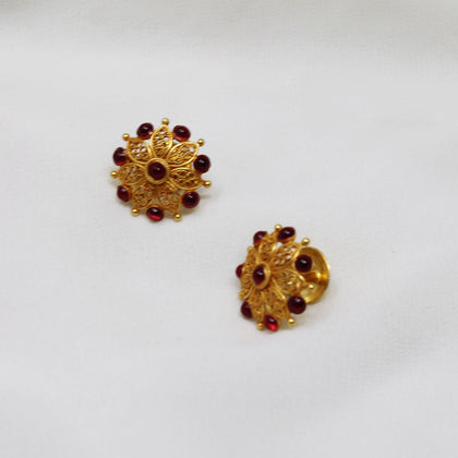 Flower Stud with Red Stone