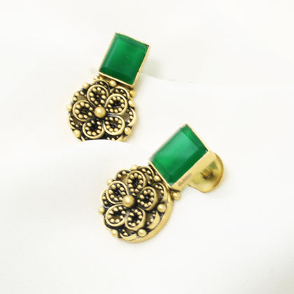 Green Stone With Flower Design  Earring