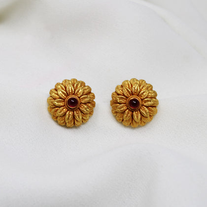 Double Flower Earring with Red Stone