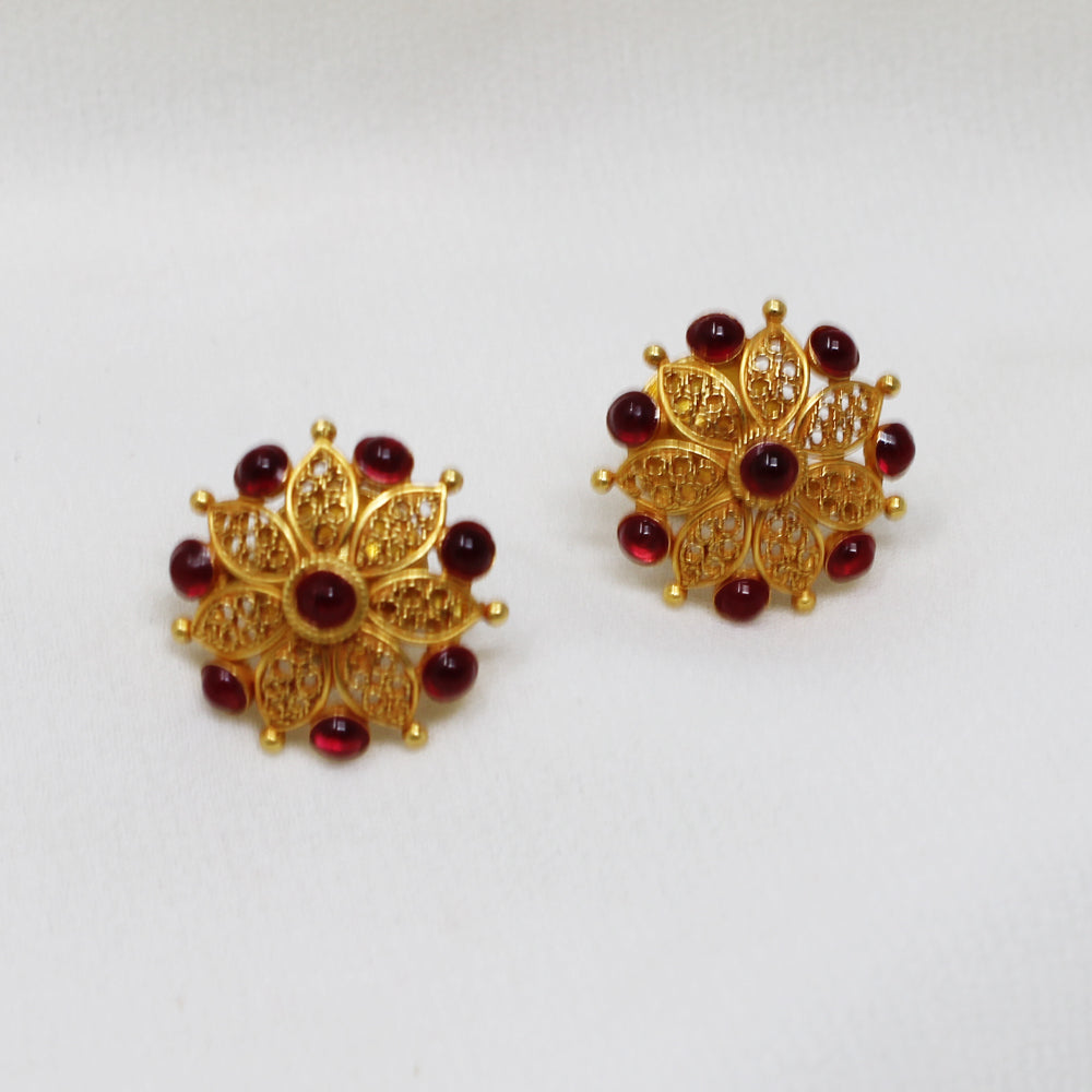 Flower Stud with Red Stone